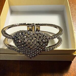 Betsey Johnson Hematite Crystal Heart Hinged Bracelet